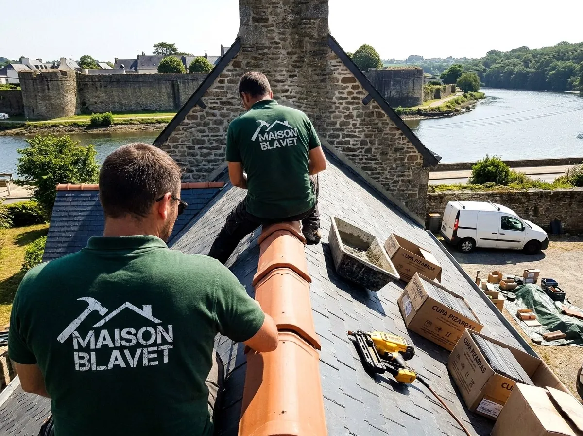 Couvreurs de Maison Blavet posant un faîtage en terre cuite sur une toiture en ardoise à Hennebont, remparts de la ville close et Blavet en arrière-plan