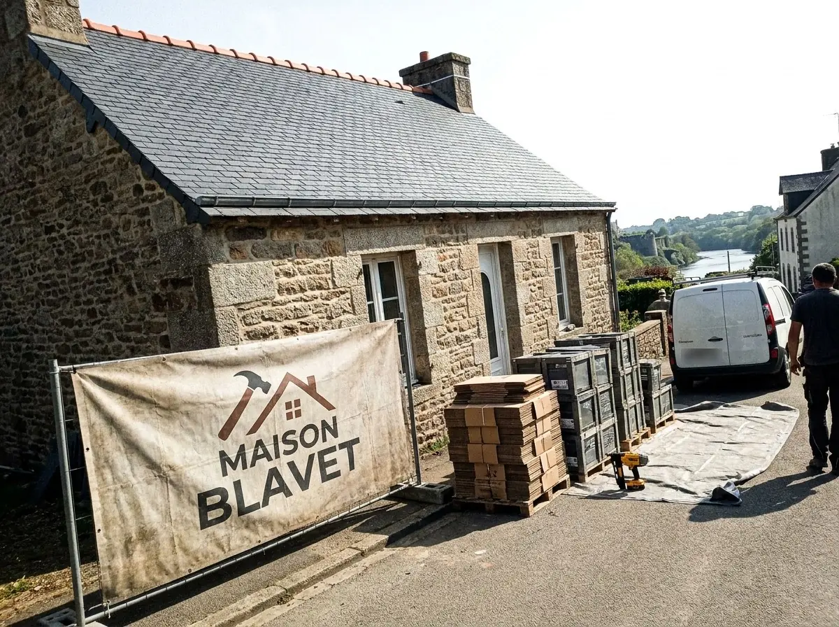 Longère en granit à Hennebont avec sa couverture en ardoise refaite par Maison Blavet Couverture, bâche de chantier au nom de l’entreprise